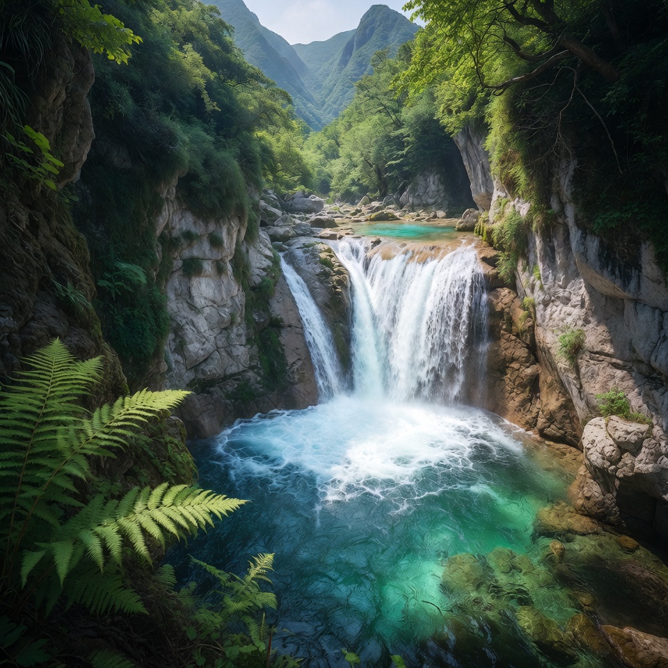 Turquoise Waterfall in Lush Mountain Valley Turquoise Waterfall in Lush Mountain Valley