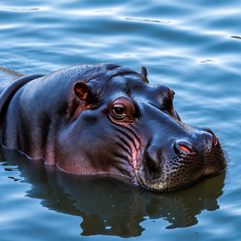 Hippo swimming in blue water Hippo swimming in blue water