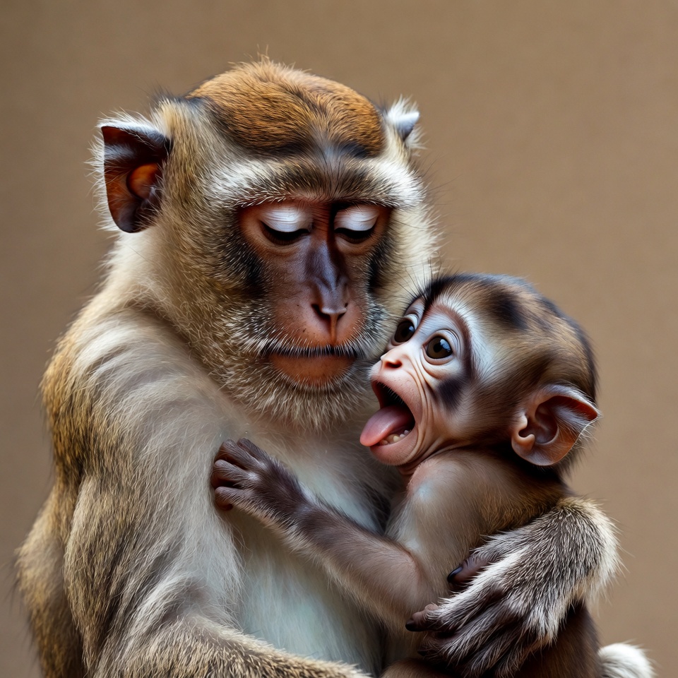 Mother macaque hugging yawning baby Mother macaque hugging yawning baby
