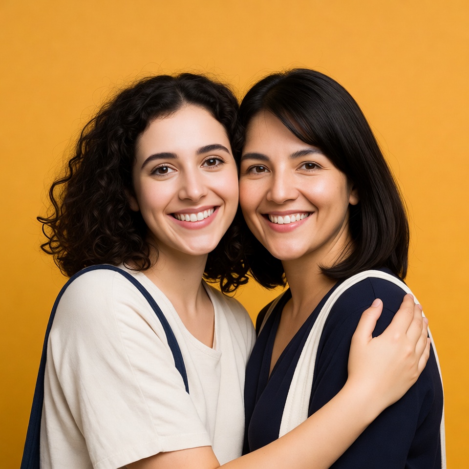 Two smiling women hugging on yellow background Two smiling women hugging on yellow background
