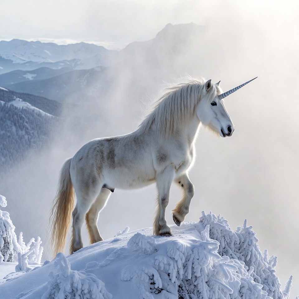 White unicorn on snowy mountain White unicorn on snowy mountain