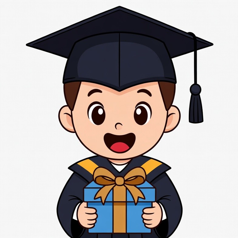 Boy in graduation gown holding gift Boy in graduation gown holding gift