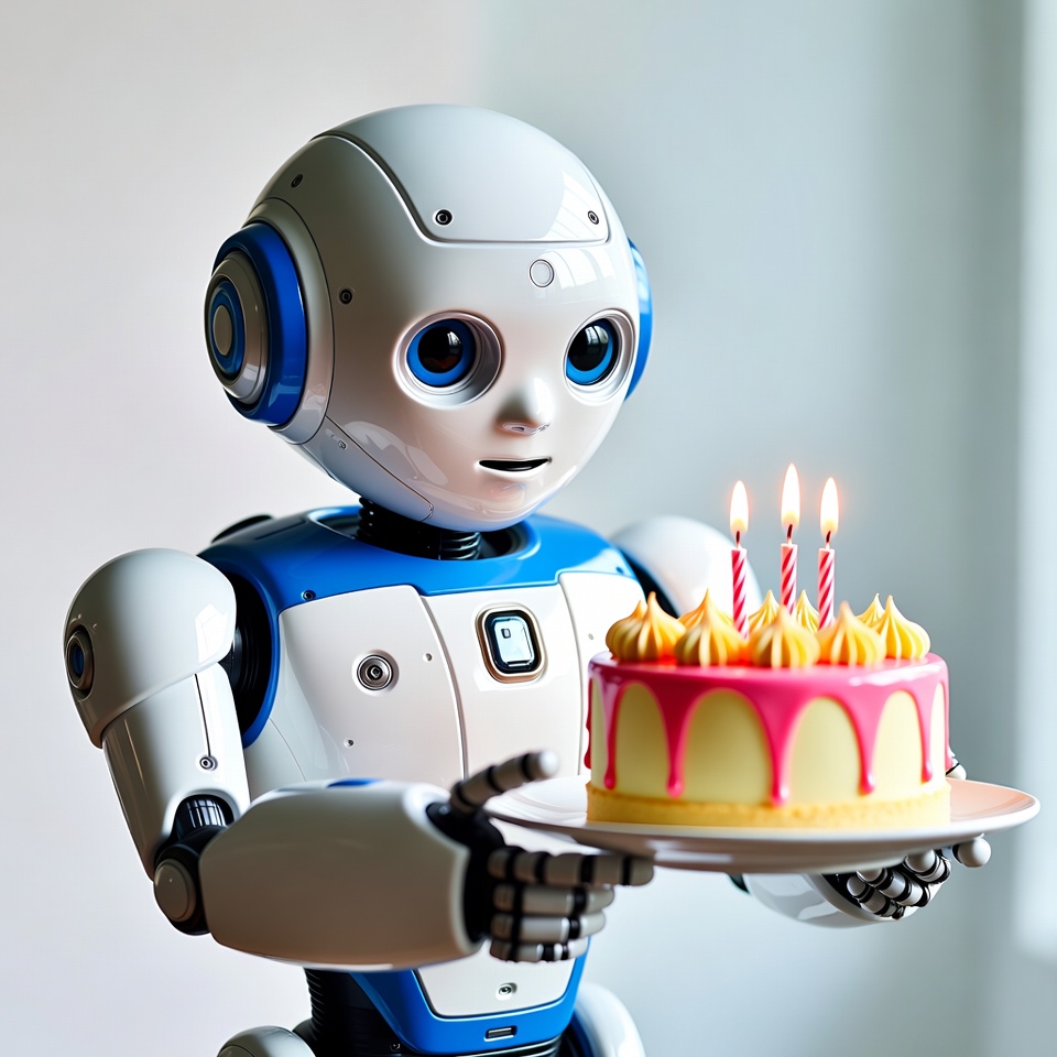 Robot holding birthday cake Robot holding birthday cake
