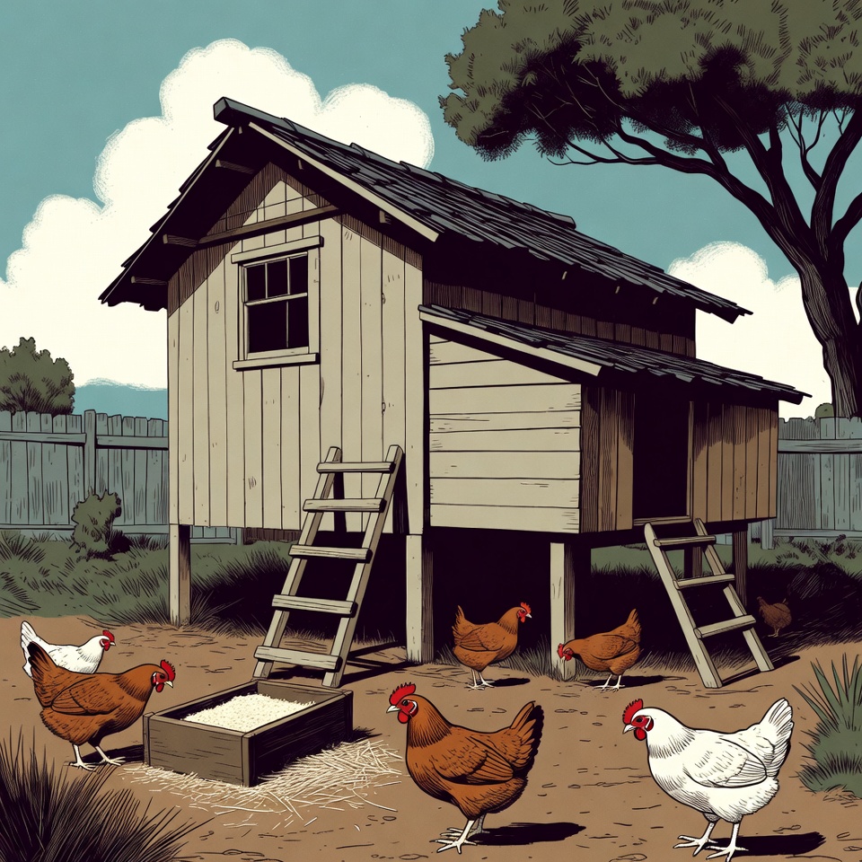 Chickens outside wooden coop Chickens outside wooden coop