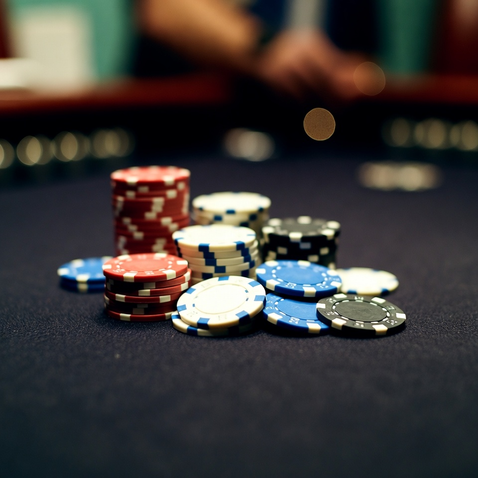 Colorful Poker Chips on Casino Table Colorful Poker Chips on Casino Table
