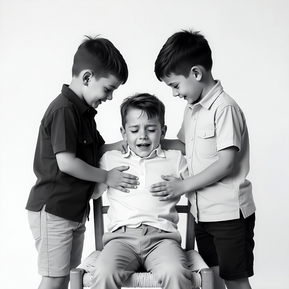 Three boys hugging crying boy on chair Three boys hugging crying boy on chair