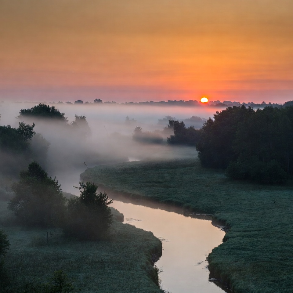 Sunrise over misty river landscape Sunrise over misty river landscape
