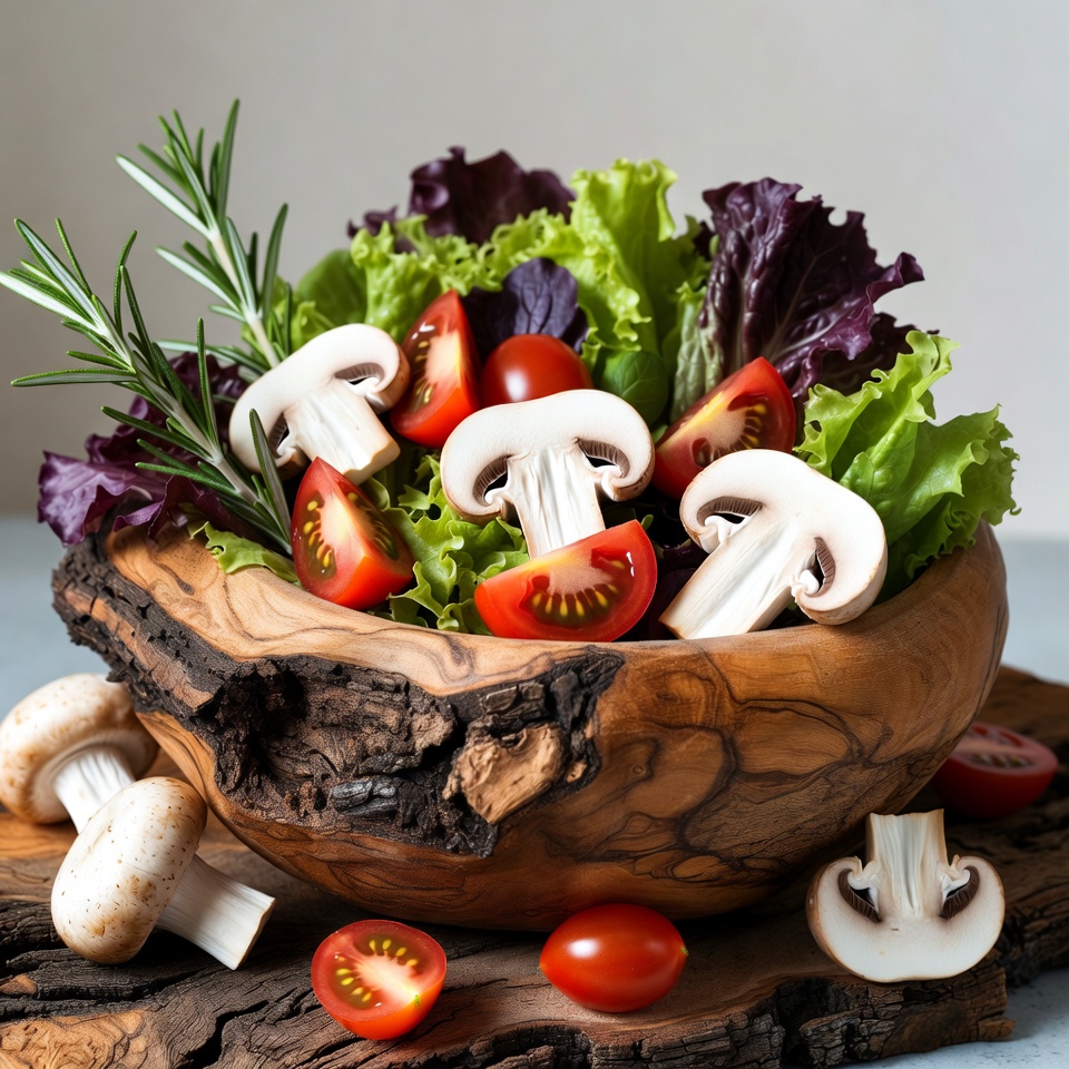 Mushroom Tomato Salad in Wooden Bowl Mushroom Tomato Salad in Wooden Bowl