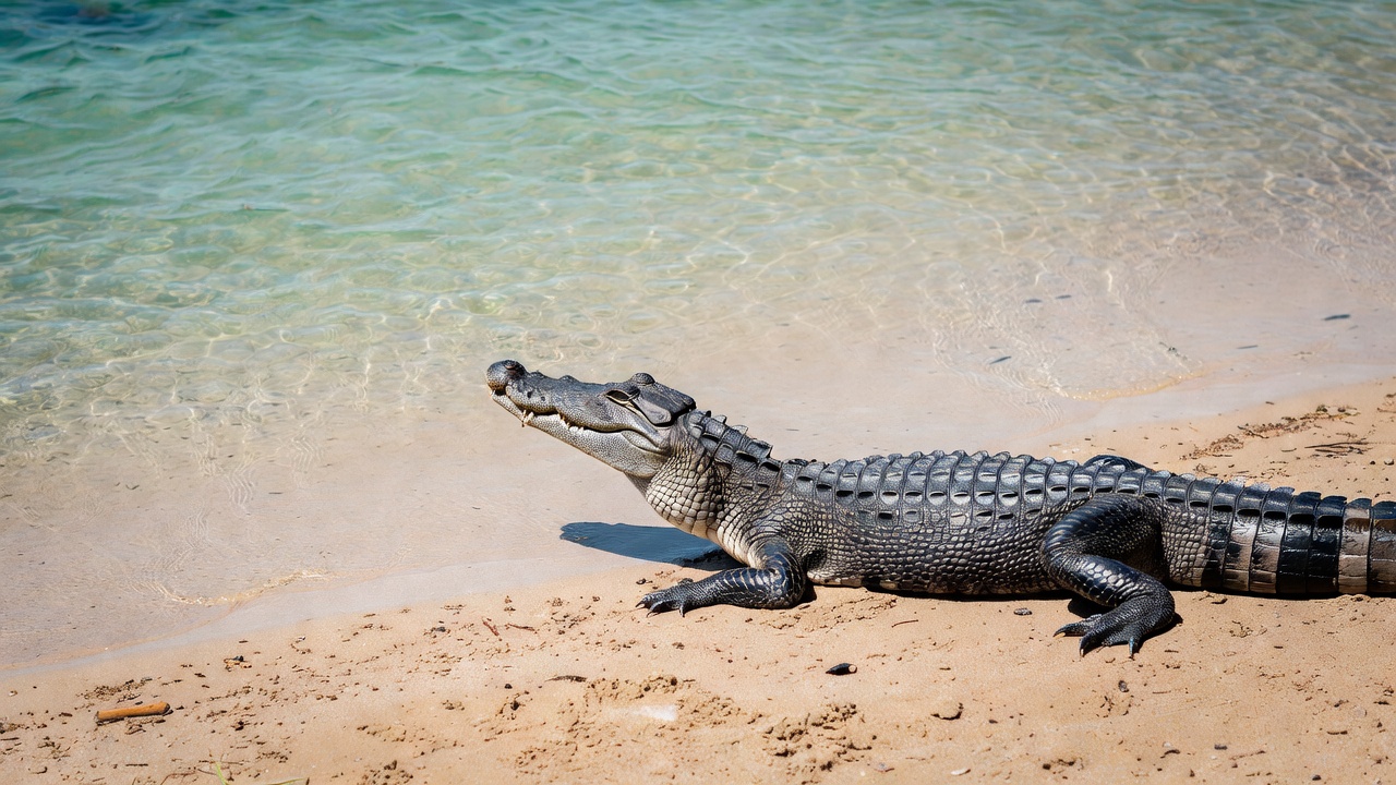 Alligator on sandy beach by water Alligator on sandy beach by water