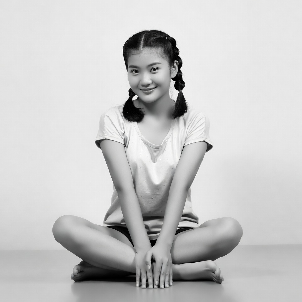Asian girl sitting cross-legged smiling Asian girl sitting cross-legged smiling