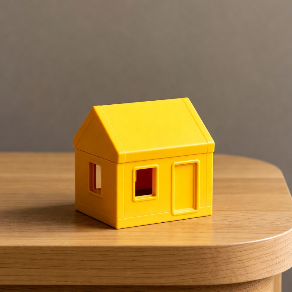 Yellow toy house on wooden table Yellow toy house on wooden table