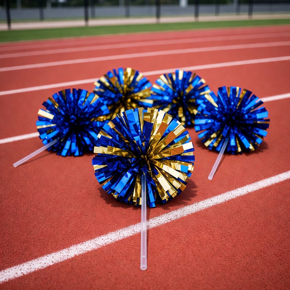 Blue Gold Cheerleader Pom Poms on Track Blue Gold Cheerleader Pom Poms on Track