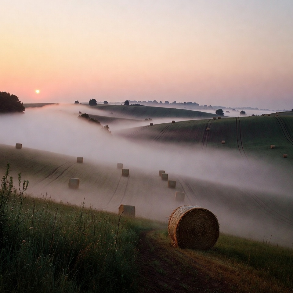 Hay bales in foggy rolling hills at sunrise Hay bales in foggy rolling hills at sunrise