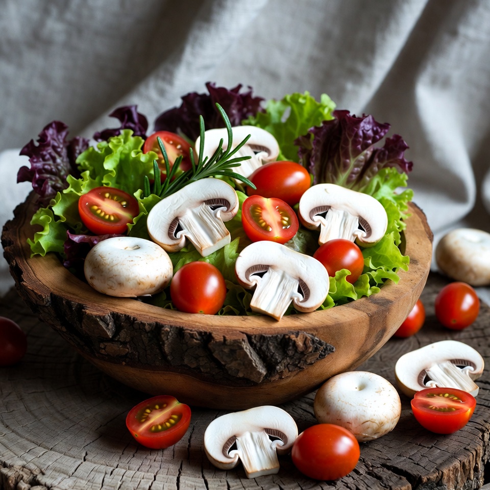 Wooden bowl with salad mushrooms cherry tomatoes Wooden bowl with salad mushrooms cherry tomatoes