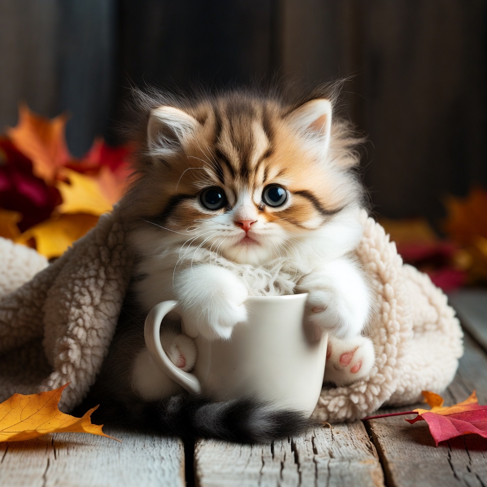 Kitten holding mug with autumn leaves Kitten holding mug with autumn leaves