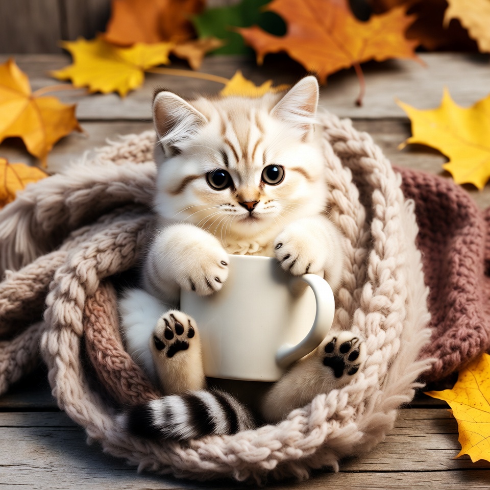 Kitten holding mug in scarf with autumn leaves Kitten holding mug in scarf with autumn leaves
