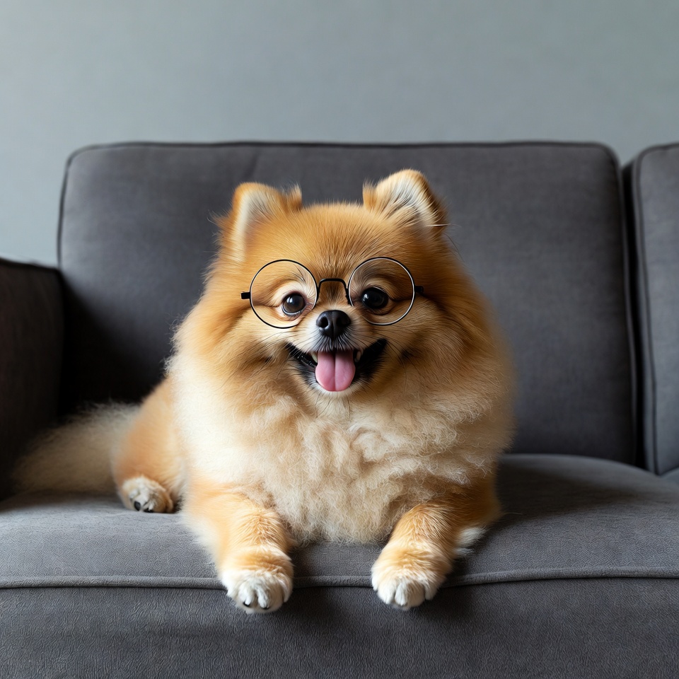 Pomeranian dog wearing glasses on couch Pomeranian dog wearing glasses on couch