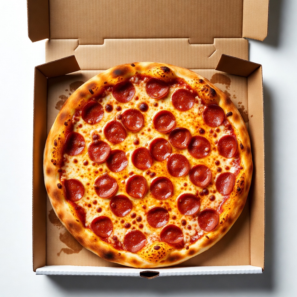 Pepperoni Pizza in Open Cardboard Box Pepperoni Pizza in Open Cardboard Box