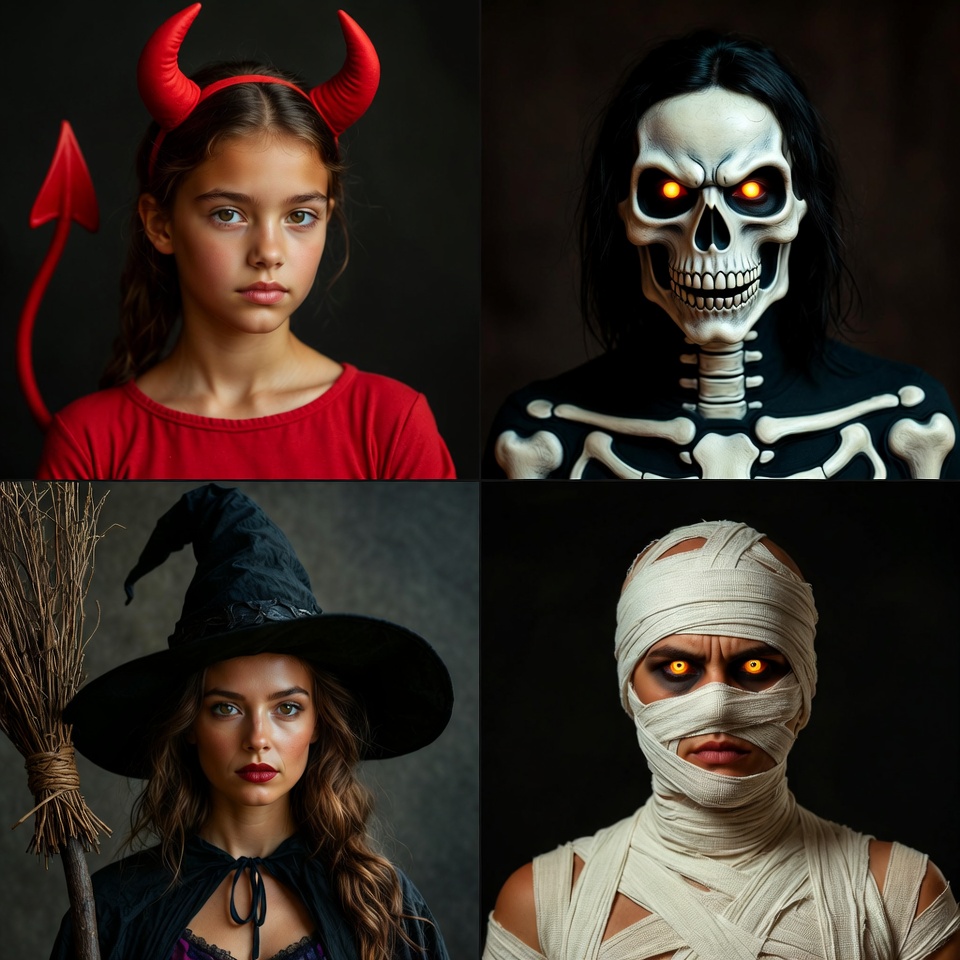 Halloween Costumes: Devil Girl, Skeleton, Witch, Mummy Halloween Costumes: Devil Girl, Skeleton, Witch, Mummy