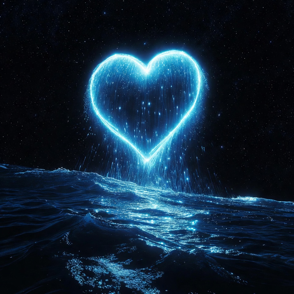 Glowing Heart Over Ocean Waves Glowing Heart Over Ocean Waves