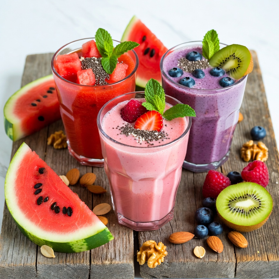 Colorful Fruit Smoothies with Toppings Colorful Fruit Smoothies with Toppings