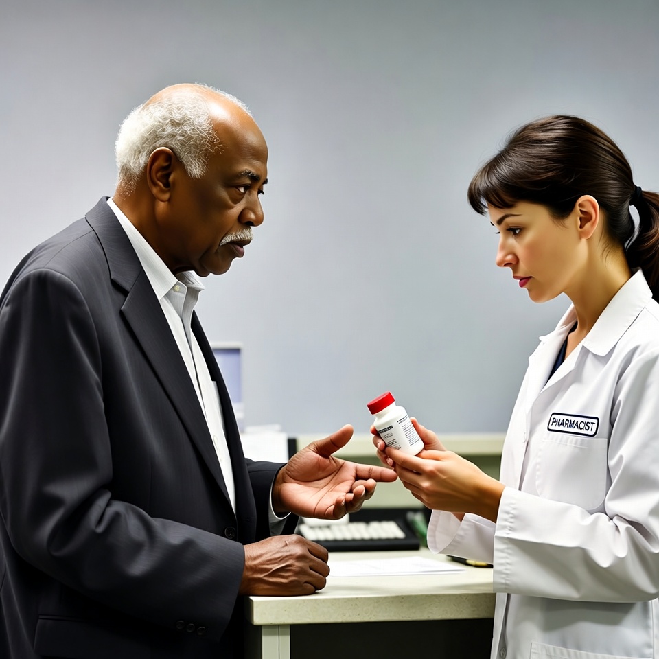 Pharmacist showing pill bottle to elderly man Pharmacist showing pill bottle to elderly man