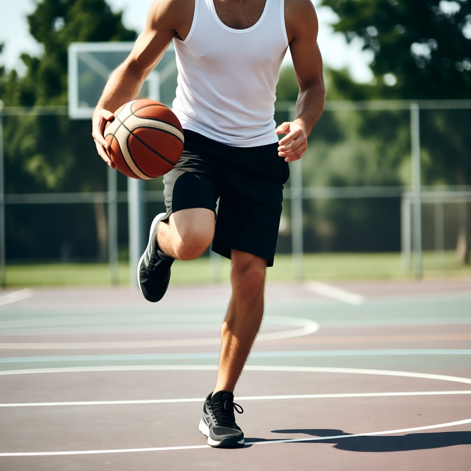 Muscular man dribbling basketball outdoors Muscular man dribbling basketball outdoors