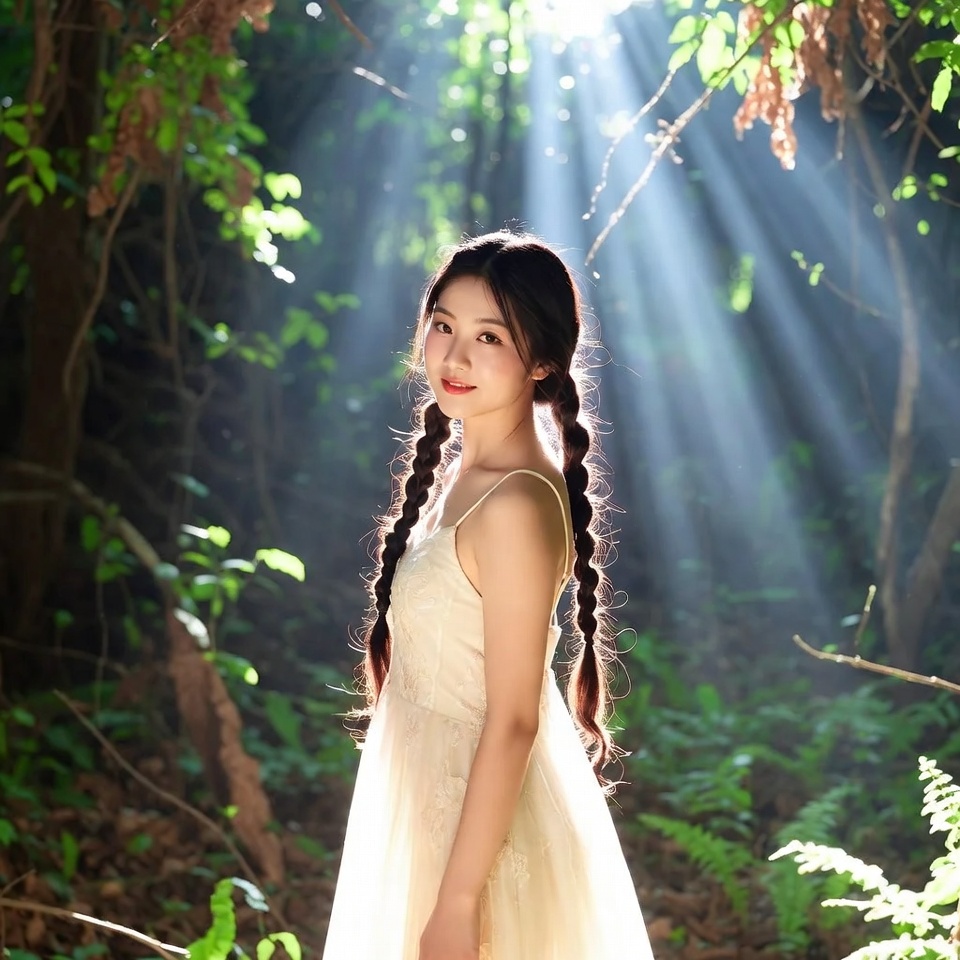 Asian woman in white dress forest sunlight Asian woman in white dress forest sunlight