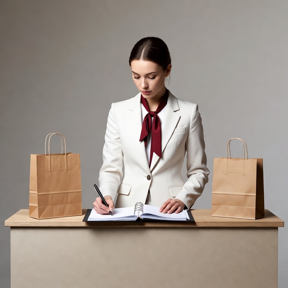 Woman signing document with shopping bags Woman signing document with shopping bags