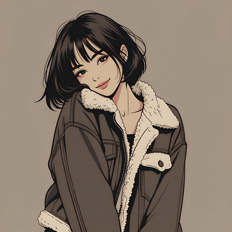 Asian girl in fur-lined denim jacket Asian girl in fur-lined denim jacket