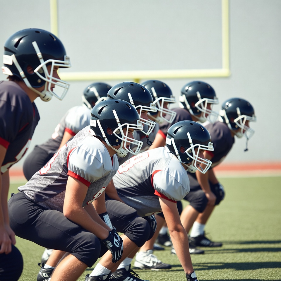 Football team in huddle on field Football team in huddle on field