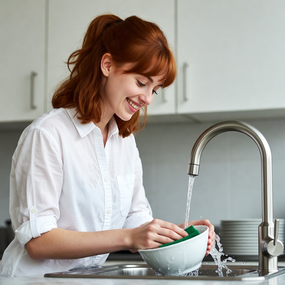 Redhead woman washing dish in kitchen Redhead woman washing dish in kitchen