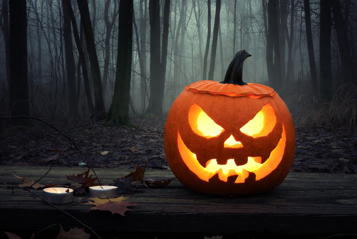 Jack-o'-lantern in foggy forest Jack-o'-lantern in foggy forest