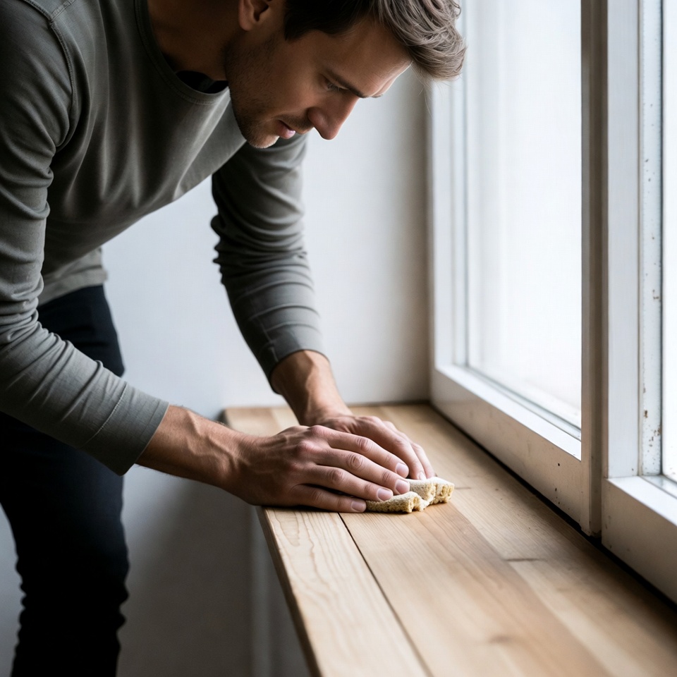 Man polishing wooden windowsill Man polishing wooden windowsill