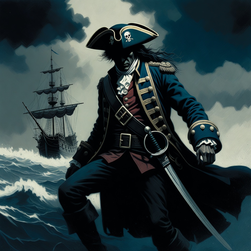 Pirate captain with sword on stormy sea Pirate captain with sword on stormy sea