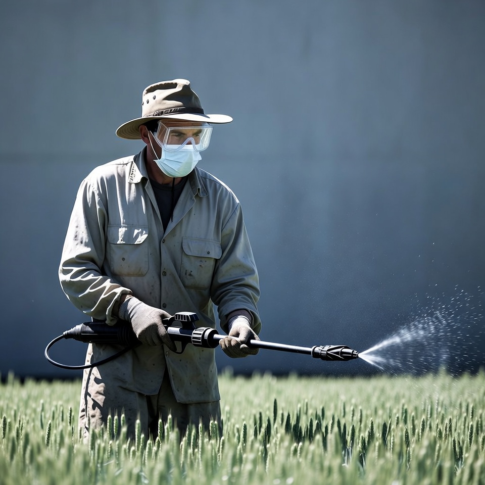 Farmer spraying crops with sprayer Farmer spraying crops with sprayer