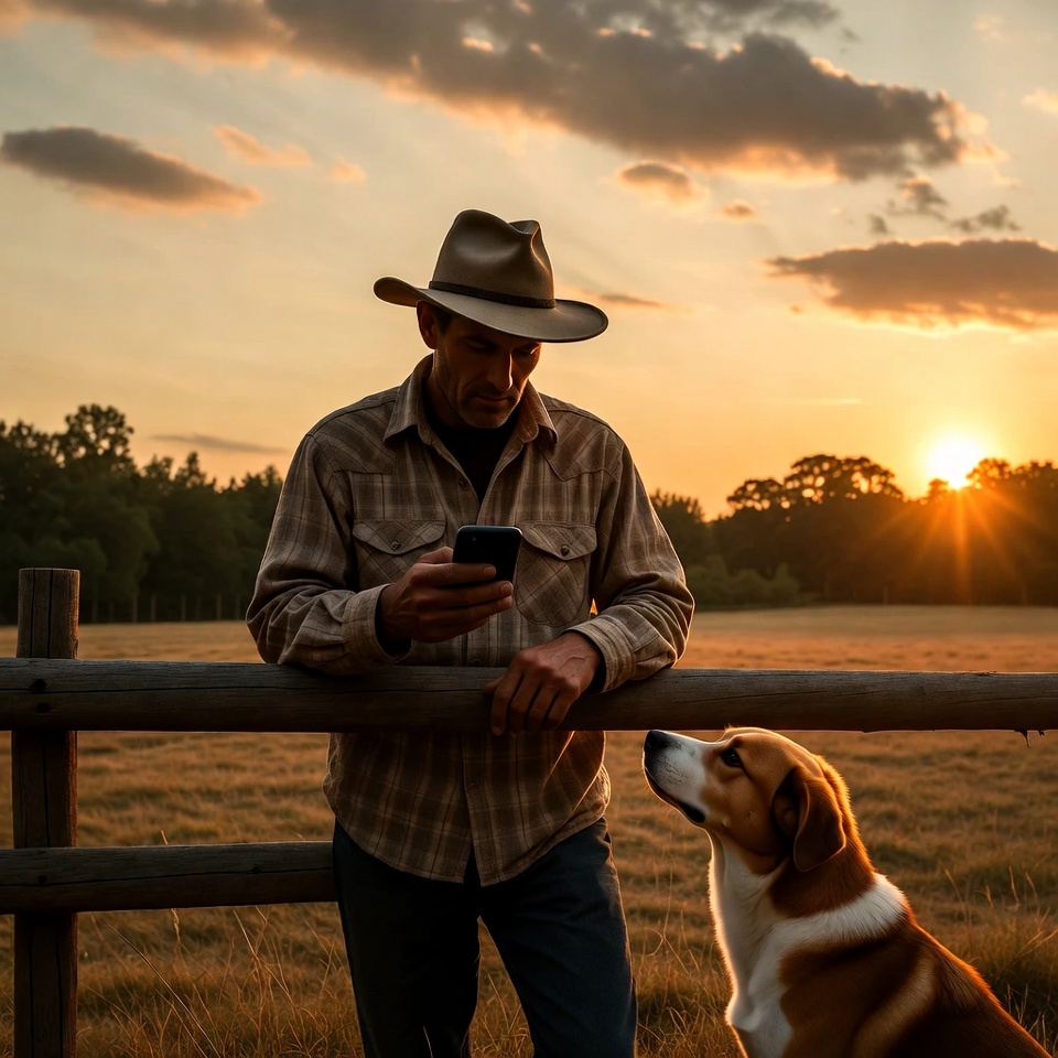 Cowboy using phone with dog at sunset Cowboy using phone with dog at sunset