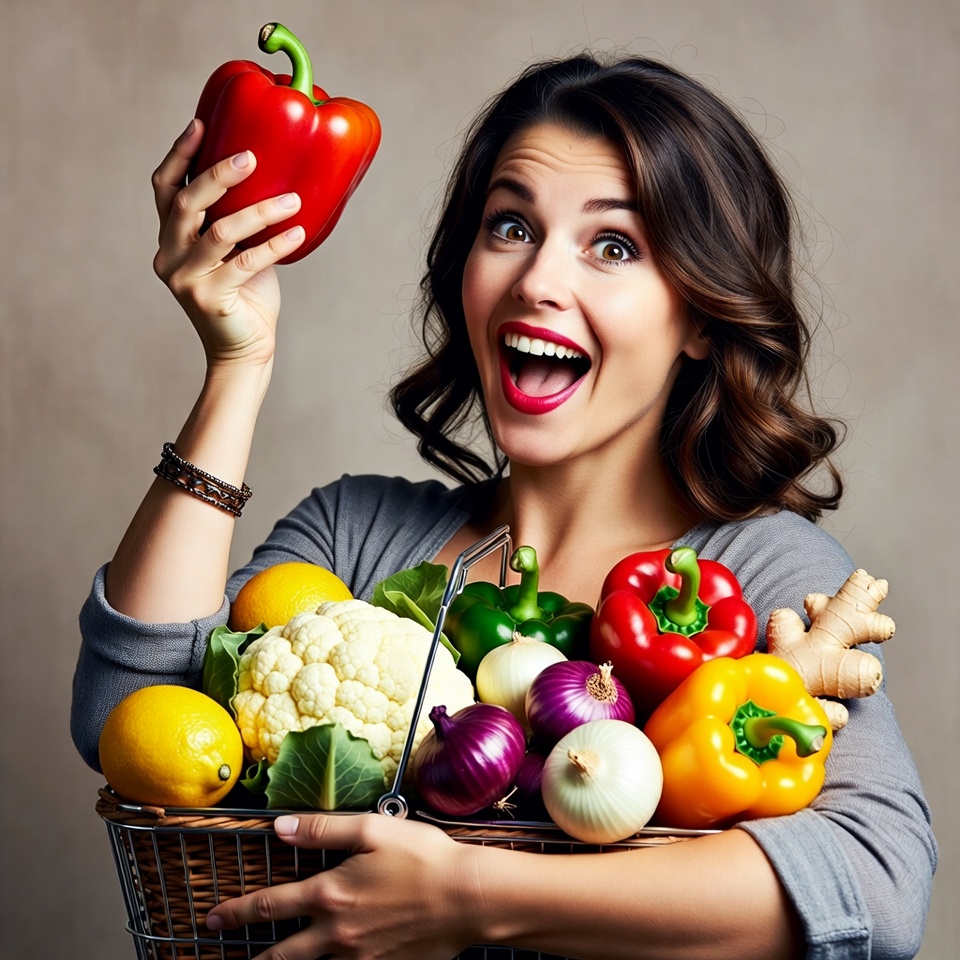 Woman holding red bell pepper and veggie basket Woman holding red bell pepper and veggie basket