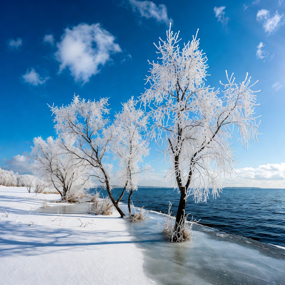 Frost-covered trees by icy lake Frost-covered trees by icy lake