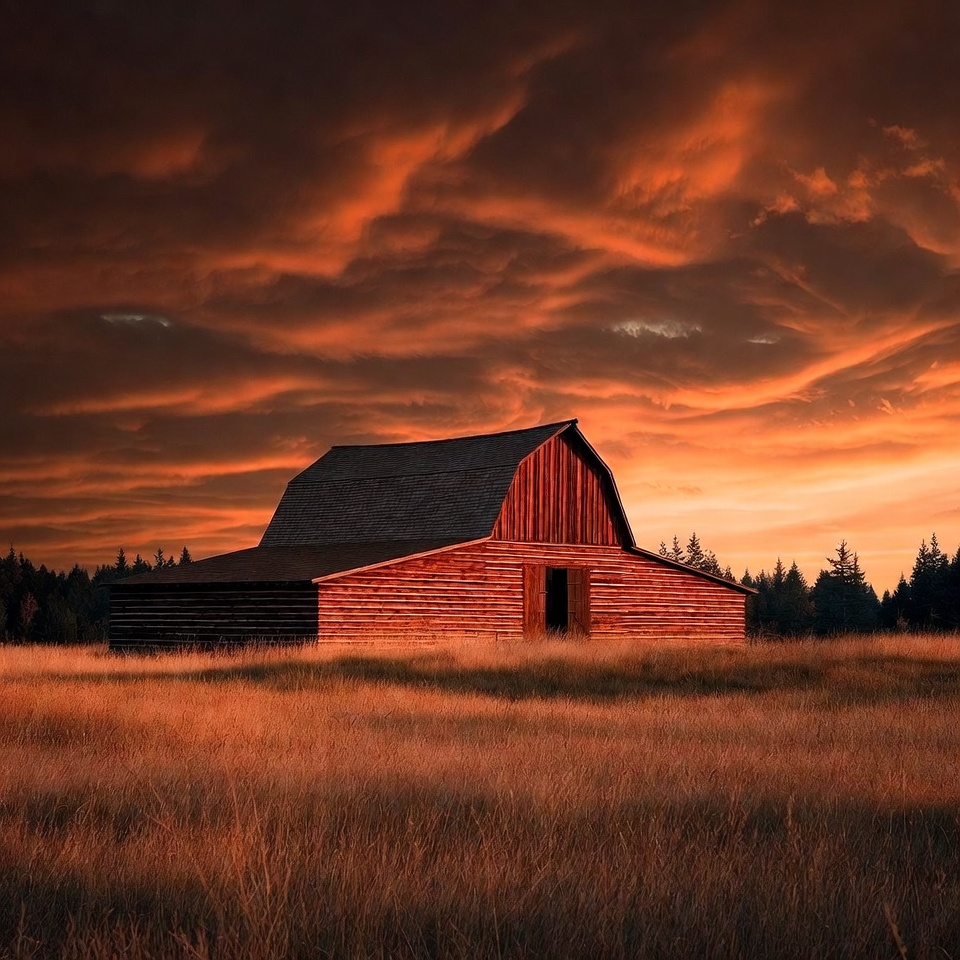 Red Barn in Sunset Field Red Barn in Sunset Field