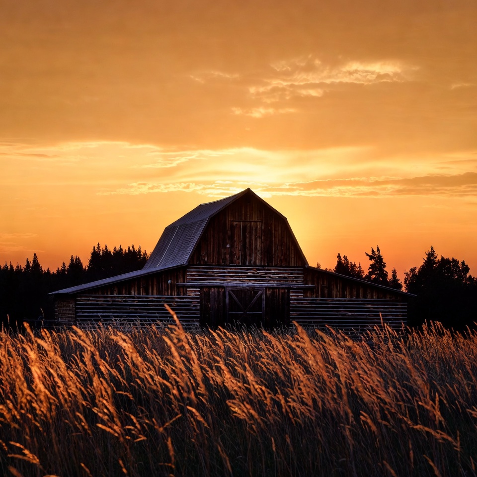 Barn silhouetted in golden sunset field Barn silhouetted in golden sunset field