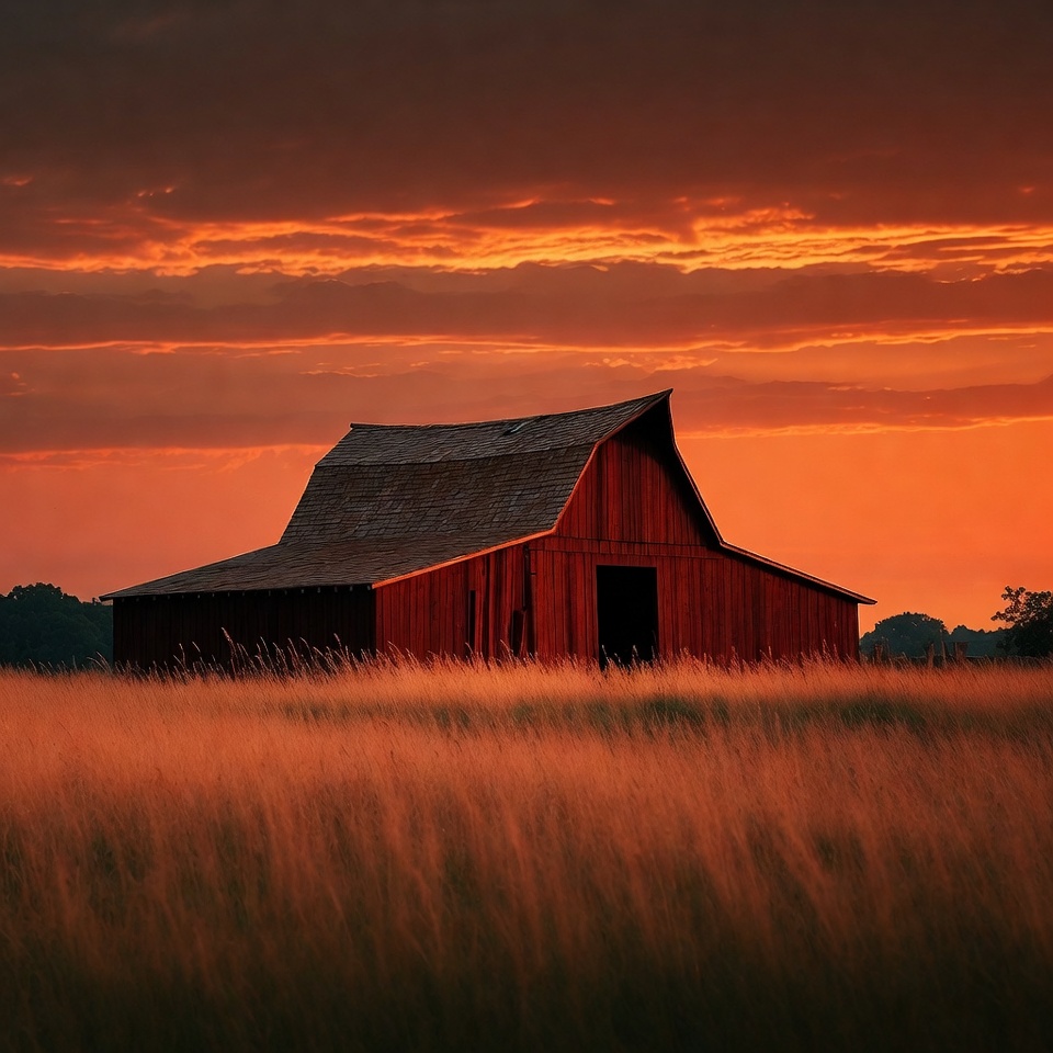 Red Barn in Tall Grass at Sunset Red Barn in Tall Grass at Sunset