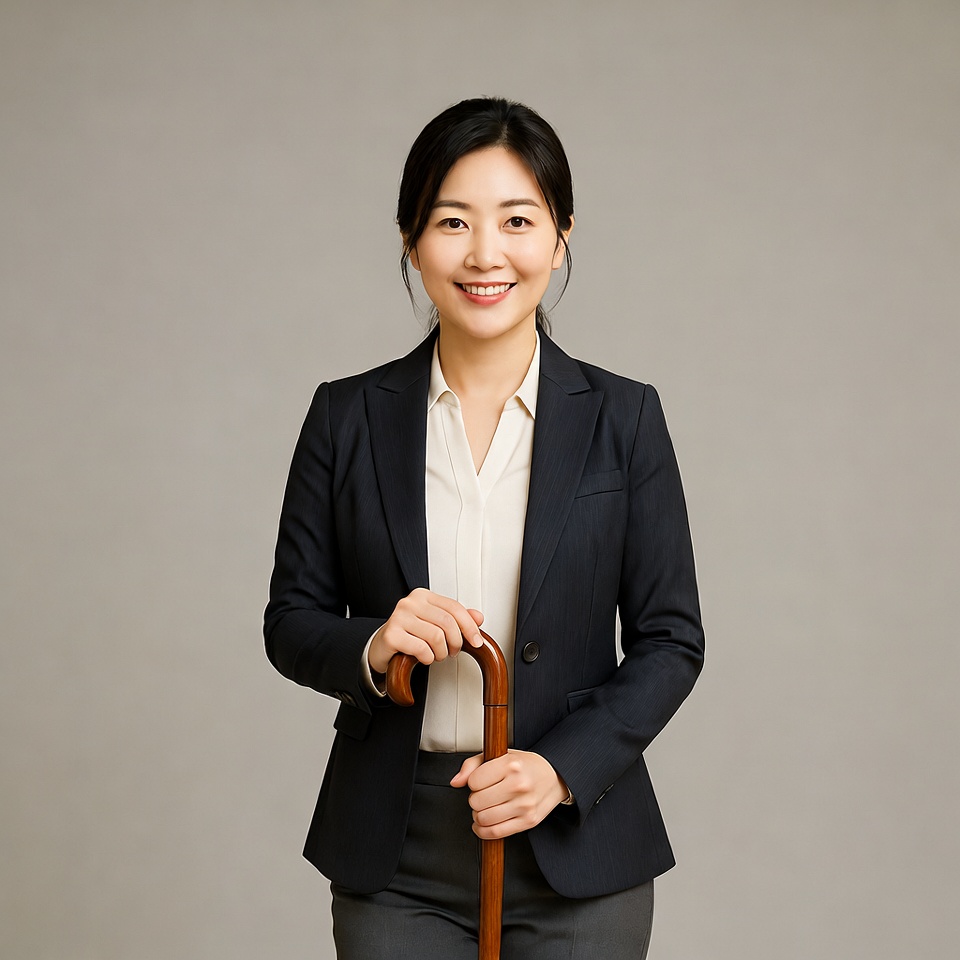 Asian woman holding cane in suit Asian woman holding cane in suit