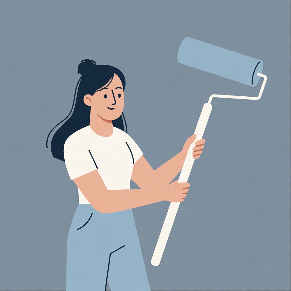 Asian woman holding paint roller Asian woman holding paint roller