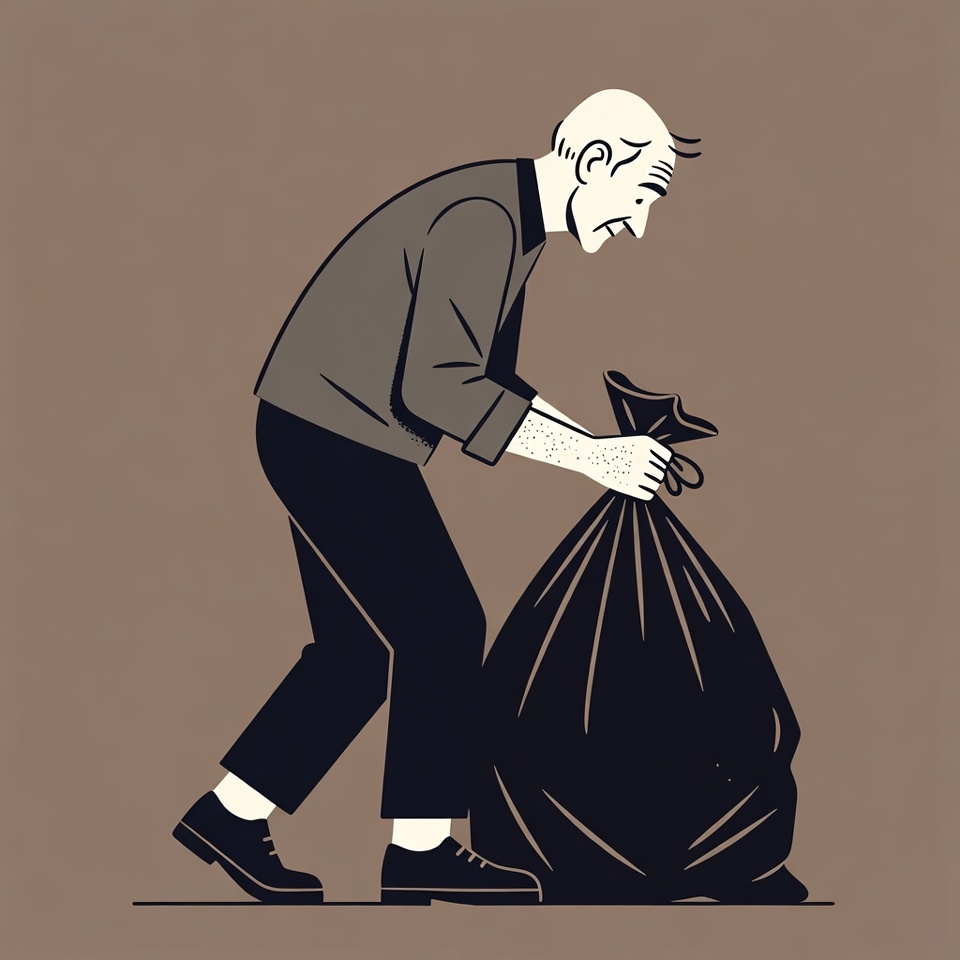 Elderly man carrying trash bag Elderly man carrying trash bag