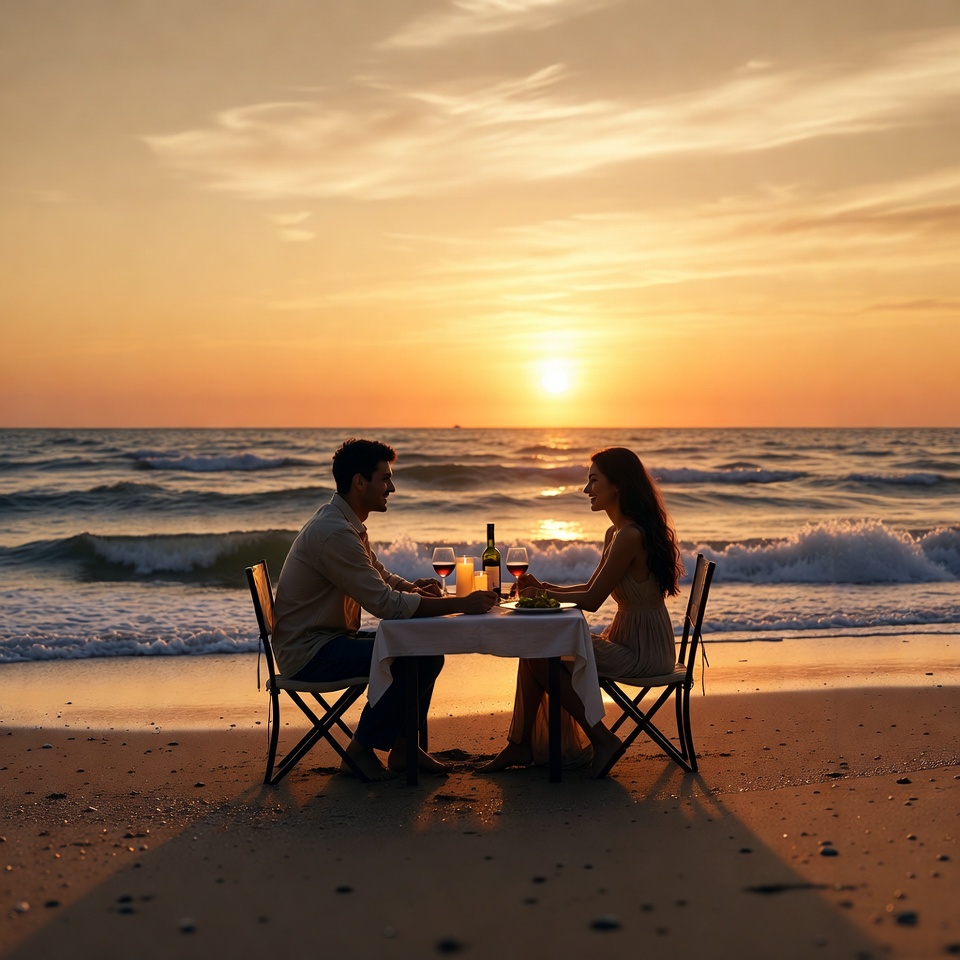 Couple dining at beach sunset Couple dining at beach sunset
