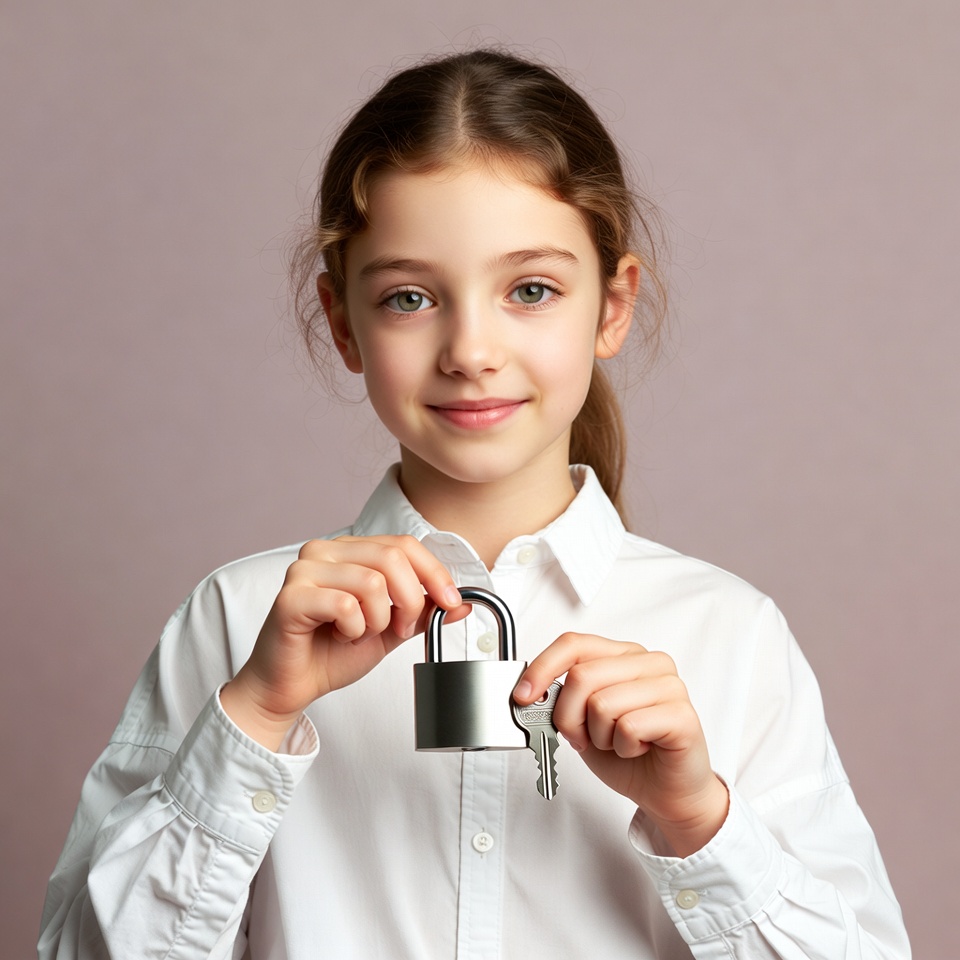 Girl holding padlock and key Girl holding padlock and key