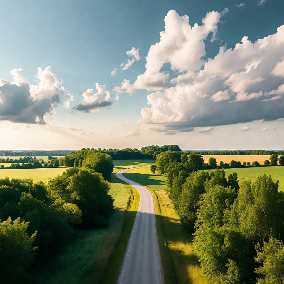 Curving road through green fields Curving road through green fields