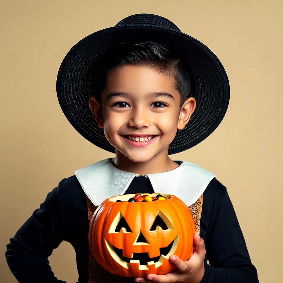 Asian boy in witch costume holding pumpkin Asian boy in witch costume holding pumpkin