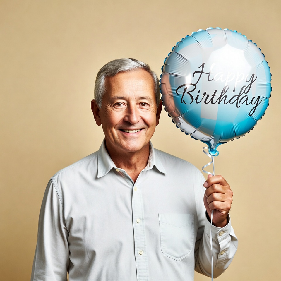 Smiling senior man holding Happy Birthday balloon Smiling senior man holding Happy Birthday balloon